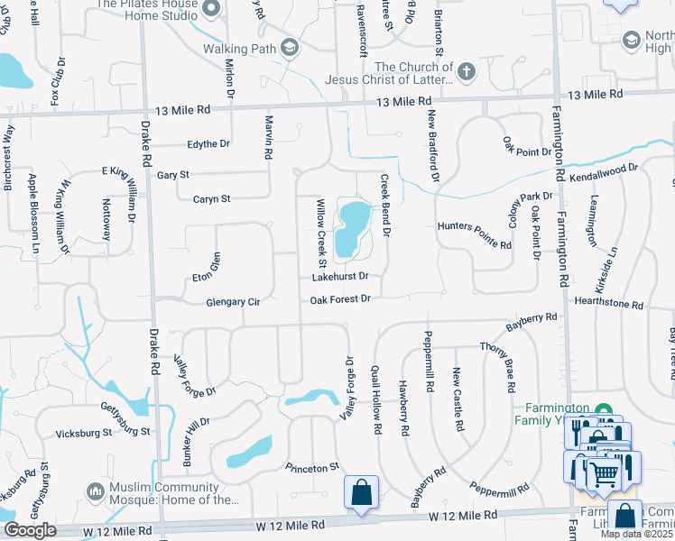 map of restaurants, bars, coffee shops, grocery stores, and more near 34424 Lakehurst Drive in Farmington Hills