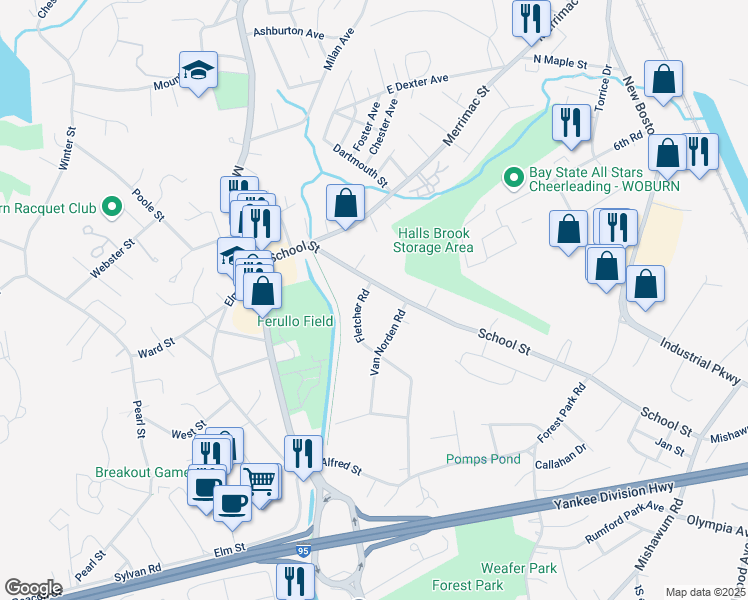 map of restaurants, bars, coffee shops, grocery stores, and more near 6 Fletcher Road in Woburn