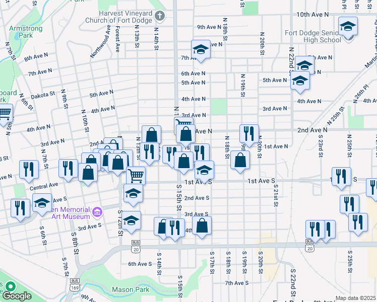 map of restaurants, bars, coffee shops, grocery stores, and more near 1517 1st Avenue North in Fort Dodge