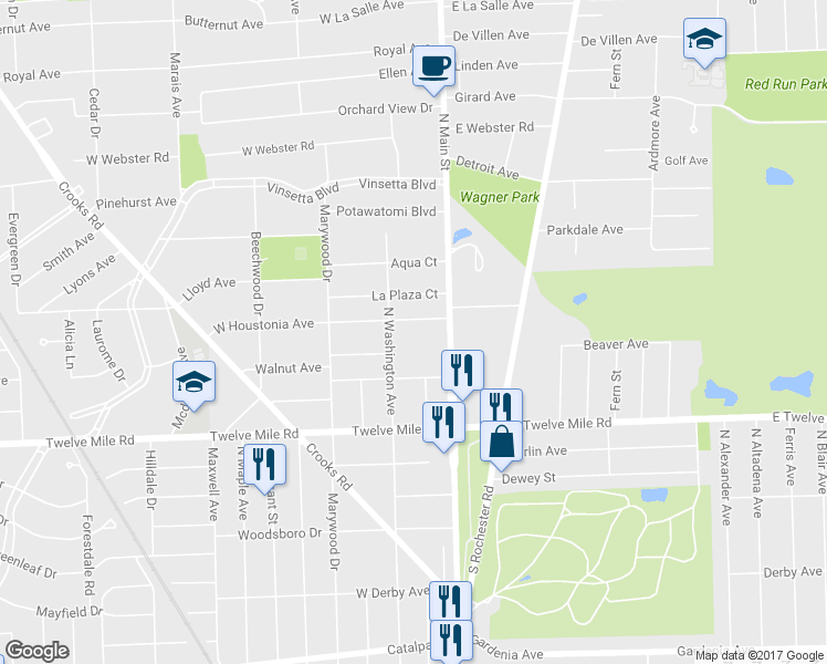 map of restaurants, bars, coffee shops, grocery stores, and more near 215 West Houstonia Avenue in Royal Oak