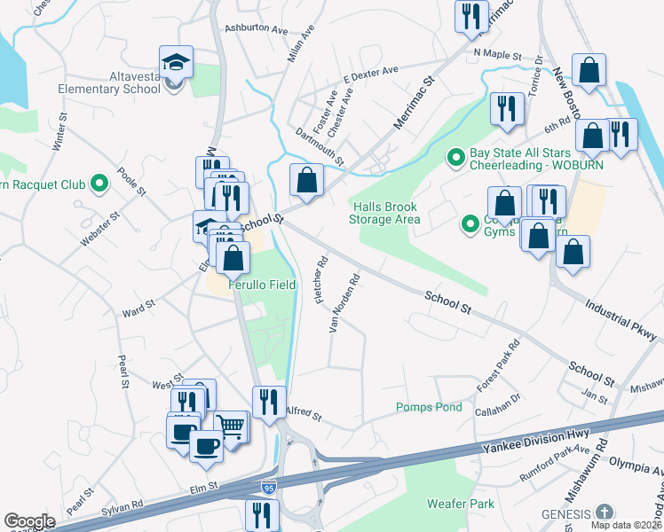 map of restaurants, bars, coffee shops, grocery stores, and more near 6 Fletcher Road in Woburn