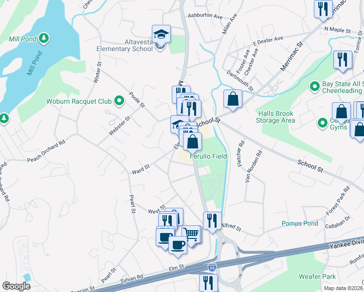 map of restaurants, bars, coffee shops, grocery stores, and more near 81 Elm Street in Woburn