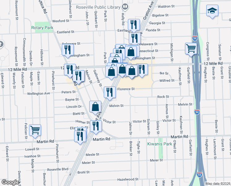 map of restaurants, bars, coffee shops, grocery stores, and more near 28640 Gratiot Avenue in Roseville