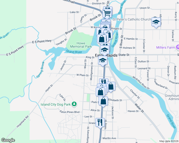 map of restaurants, bars, coffee shops, grocery stores, and more near 614 Montgomery Street in Eaton Rapids