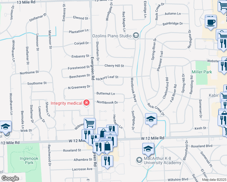 map of restaurants, bars, coffee shops, grocery stores, and more near 19670 Butternut Lane in Southfield