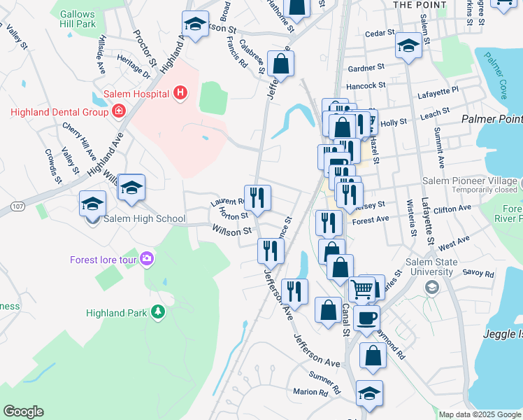 map of restaurants, bars, coffee shops, grocery stores, and more near 2 Wheatland Street in Salem