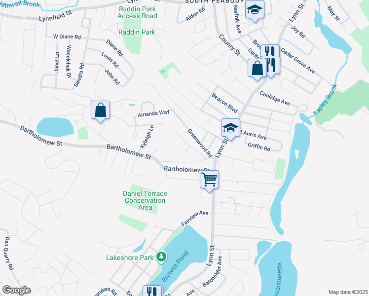 map of restaurants, bars, coffee shops, grocery stores, and more near 2 Hillcrest Avenue in Peabody