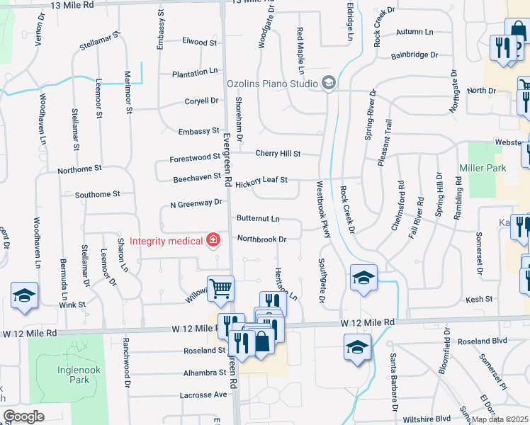 map of restaurants, bars, coffee shops, grocery stores, and more near 19670 Butternut Lane in Southfield