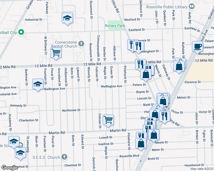 map of restaurants, bars, coffee shops, grocery stores, and more near 28704 Maple Street in Roseville