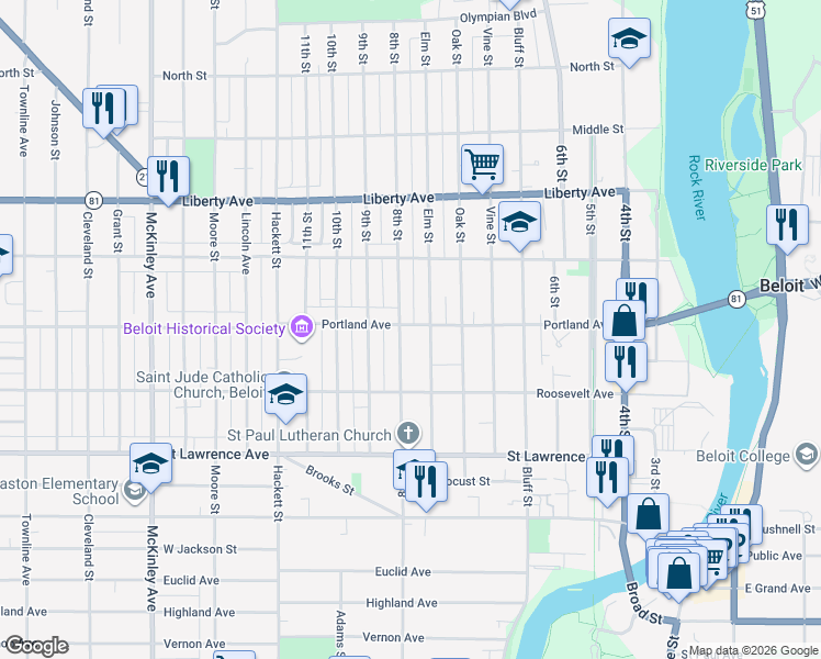 map of restaurants, bars, coffee shops, grocery stores, and more near 608 Portland Avenue in Beloit