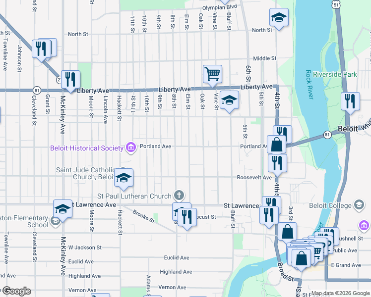 map of restaurants, bars, coffee shops, grocery stores, and more near 608 Portland Avenue in Beloit
