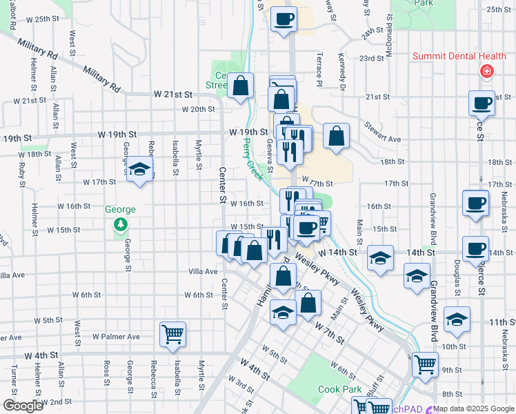 map of restaurants, bars, coffee shops, grocery stores, and more near 412 West 16th Street in Sioux City