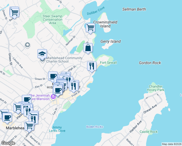 map of restaurants, bars, coffee shops, grocery stores, and more near 11 Selman Street in Marblehead