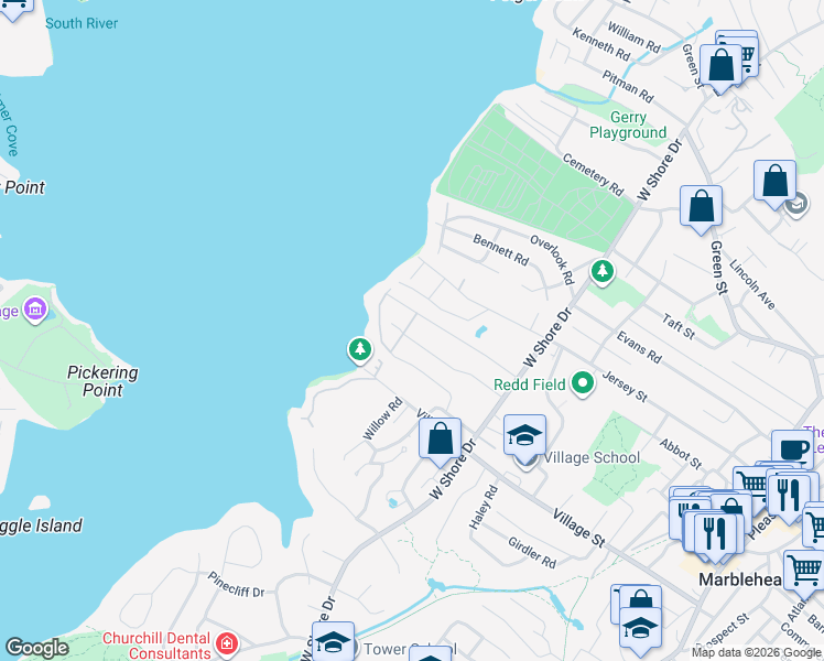 map of restaurants, bars, coffee shops, grocery stores, and more near 47 Beverly Avenue in Marblehead