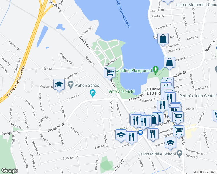 map of restaurants, bars, coffee shops, grocery stores, and more near 480 North Avenue in Wakefield