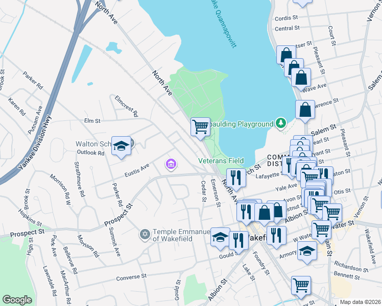 map of restaurants, bars, coffee shops, grocery stores, and more near 480 North Avenue in Wakefield