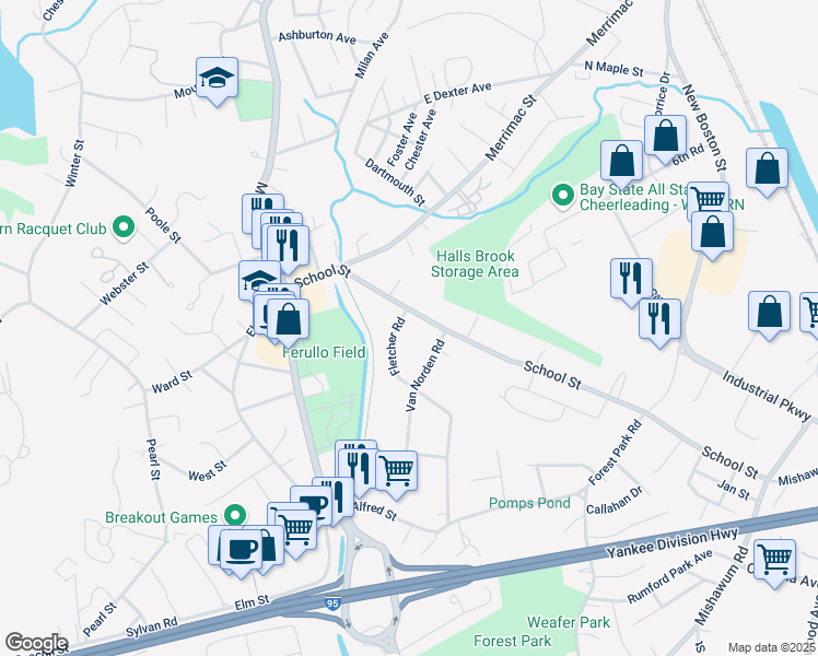 map of restaurants, bars, coffee shops, grocery stores, and more near 6 Fletcher Road in Woburn