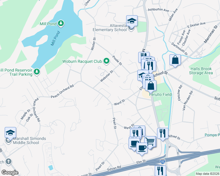 map of restaurants, bars, coffee shops, grocery stores, and more near 38970 Earl Stokes Circle in Woburn