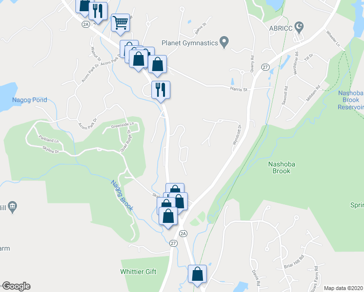 map of restaurants, bars, coffee shops, grocery stores, and more near 57 Meyer Hill Drive in Acton