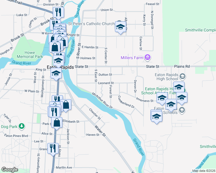map of restaurants, bars, coffee shops, grocery stores, and more near 603 Forest Street in Eaton Rapids