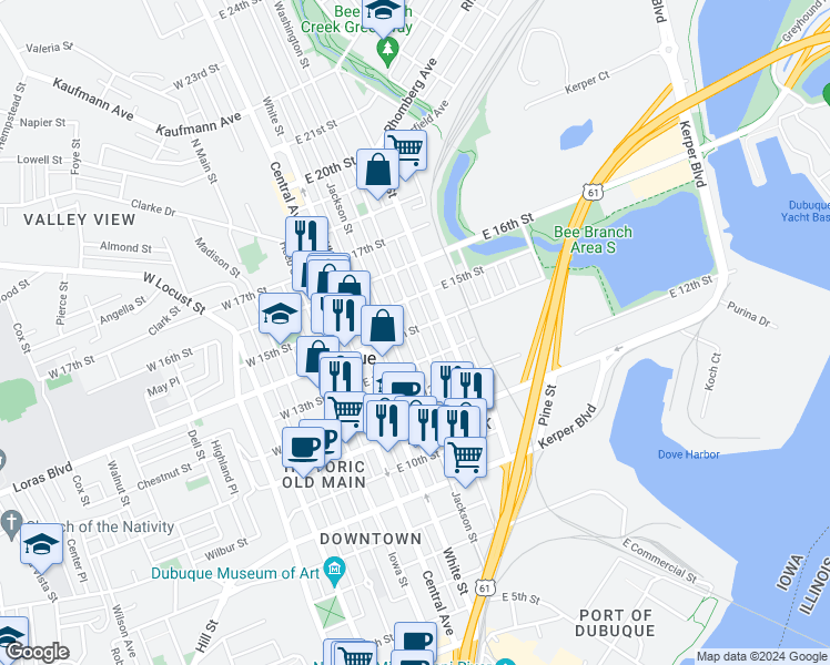 map of restaurants, bars, coffee shops, grocery stores, and more near 1380 Washington Street in Dubuque