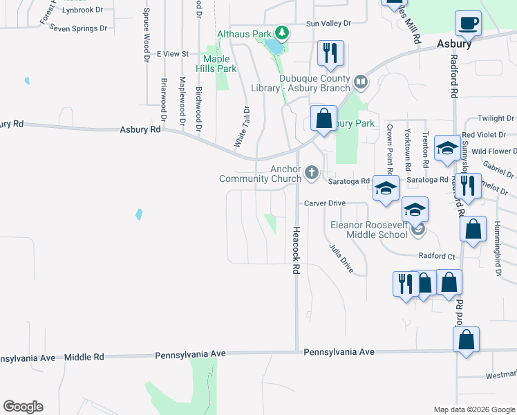 map of restaurants, bars, coffee shops, grocery stores, and more near 2267 Doe Run Drive in Dubuque