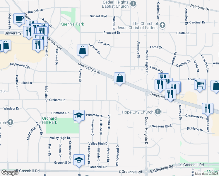 map of restaurants, bars, coffee shops, grocery stores, and more near 3422 Veralta Drive in Cedar Falls