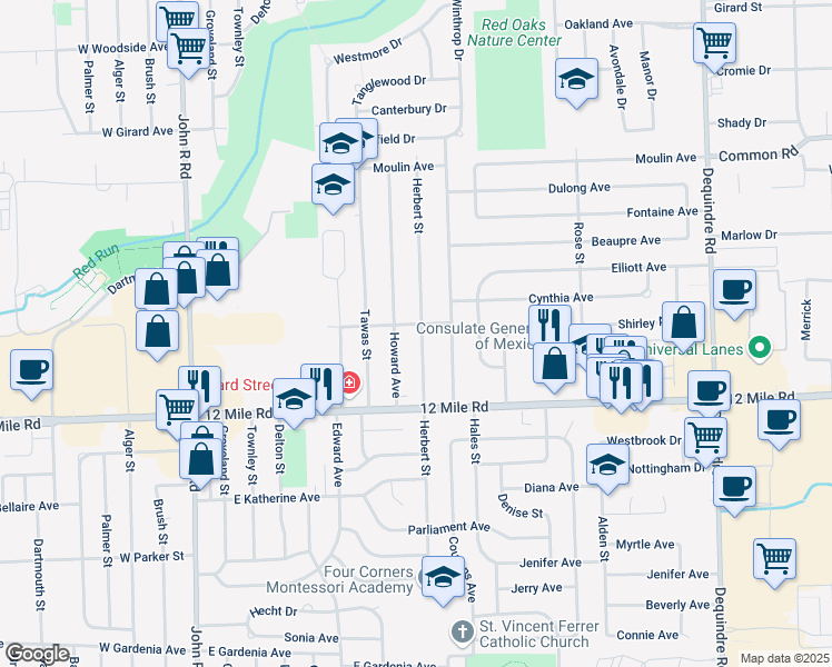 map of restaurants, bars, coffee shops, grocery stores, and more near 29145 Herbert Street in Madison Heights