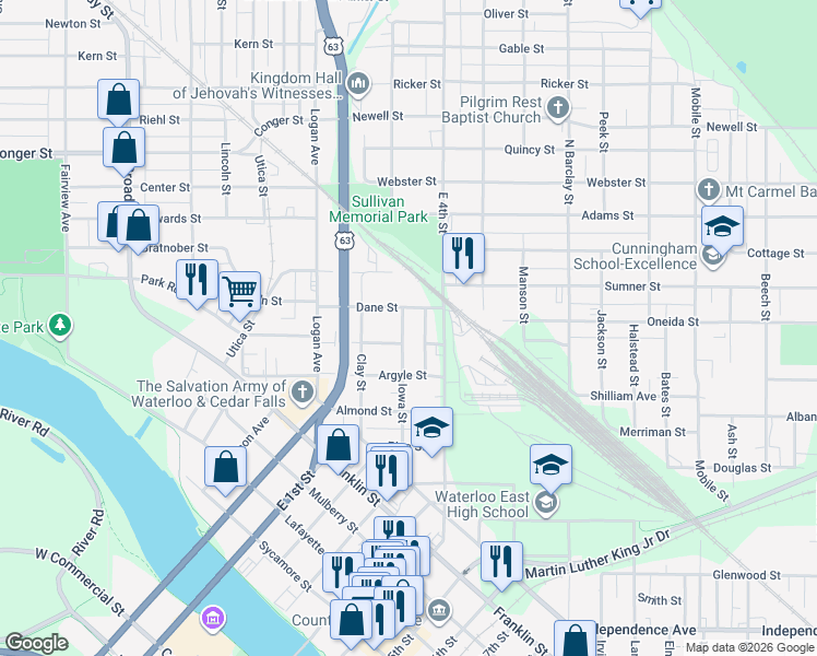 map of restaurants, bars, coffee shops, grocery stores, and more near 510 Iowa Street in Waterloo