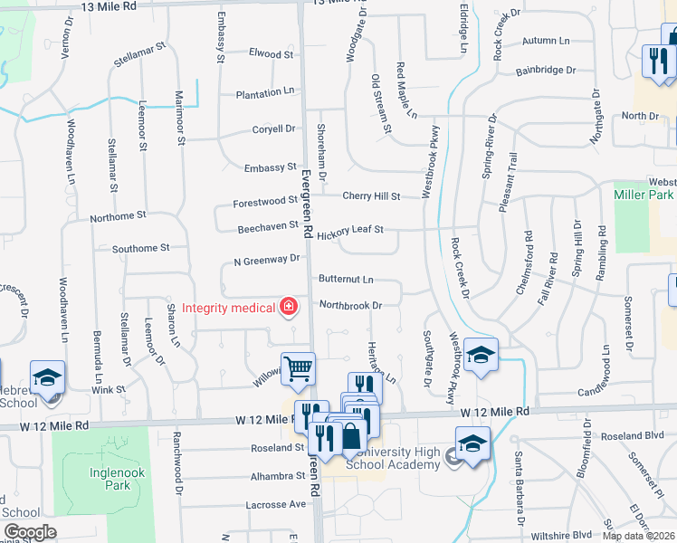 map of restaurants, bars, coffee shops, grocery stores, and more near 19870 Butternut Lane in Southfield