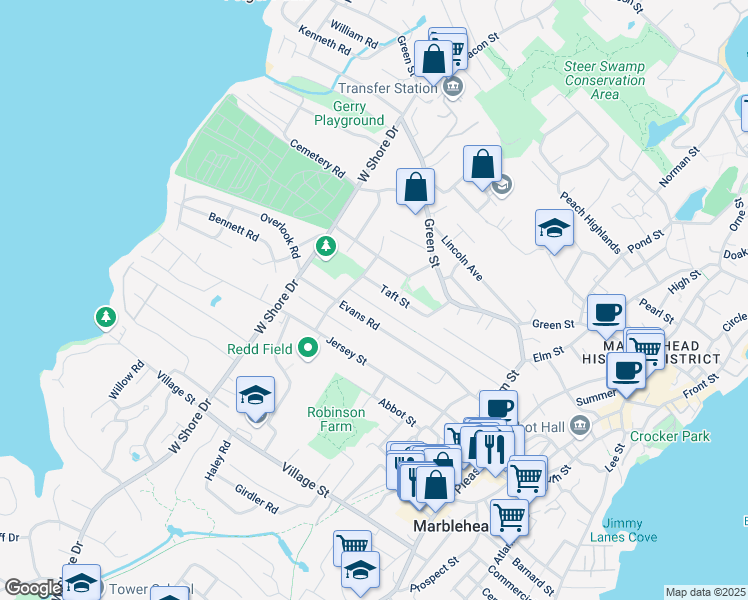map of restaurants, bars, coffee shops, grocery stores, and more near 71 Roosevelt Avenue in Marblehead