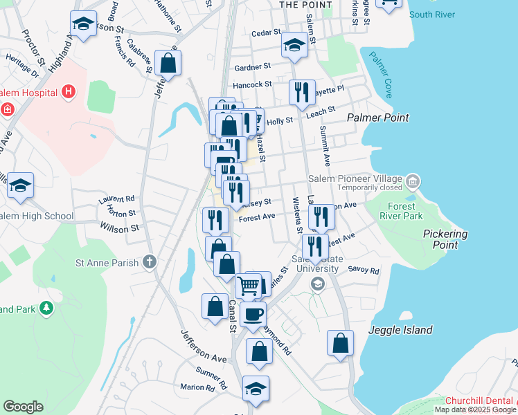 map of restaurants, bars, coffee shops, grocery stores, and more near 13 1/2 Hersey Street in Salem