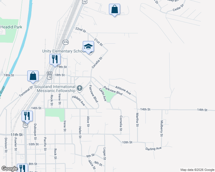 map of restaurants, bars, coffee shops, grocery stores, and more near 3243 Parkview Boulevard in Sioux City