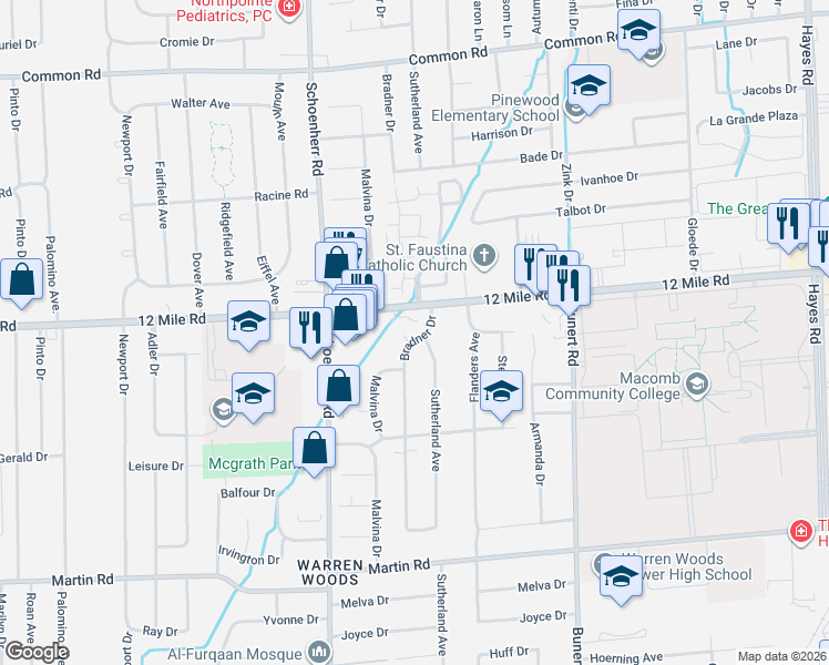 map of restaurants, bars, coffee shops, grocery stores, and more near 13900 Twelve Mile Road in Warren