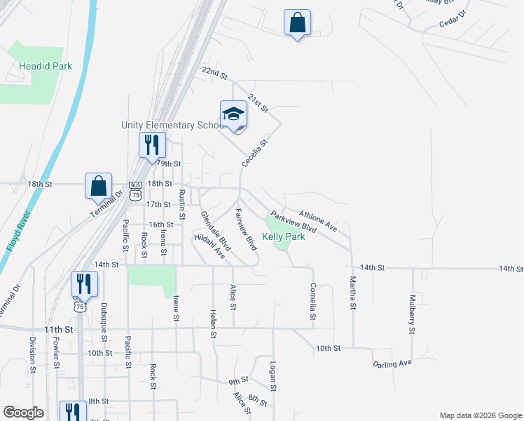 map of restaurants, bars, coffee shops, grocery stores, and more near 1600-1698 Carlin Ave in Sioux City