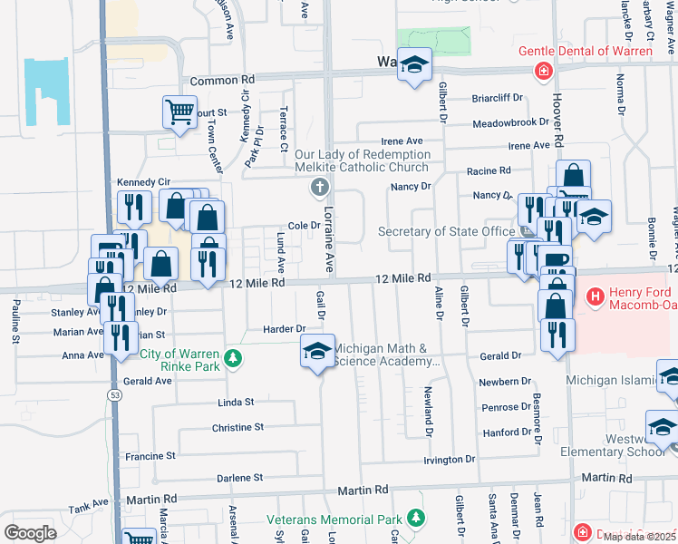 map of restaurants, bars, coffee shops, grocery stores, and more near 29012 Lorraine Avenue in Warren
