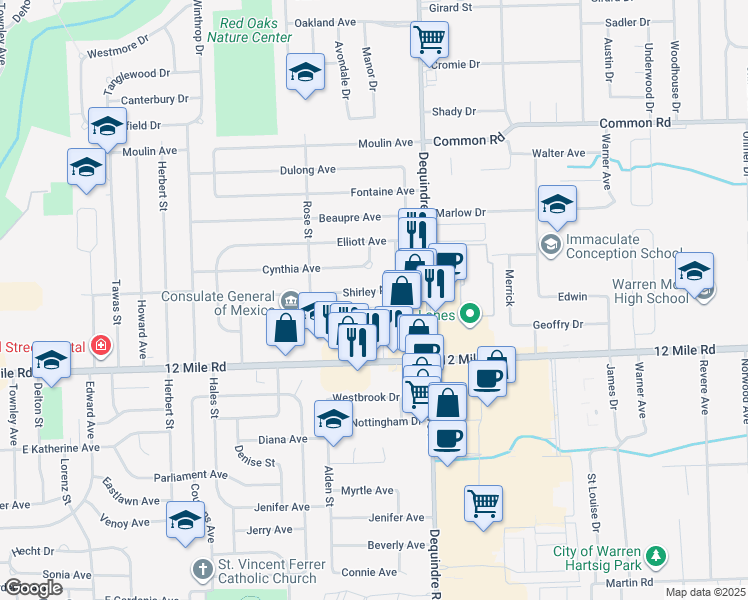 map of restaurants, bars, coffee shops, grocery stores, and more near 29434 Shirley Avenue in Madison Heights