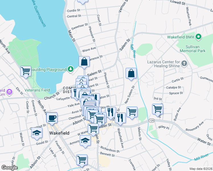 map of restaurants, bars, coffee shops, grocery stores, and more near 29 Park Street in Wakefield