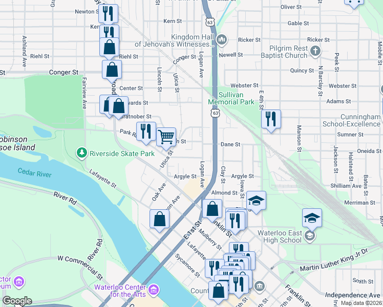 map of restaurants, bars, coffee shops, grocery stores, and more near 116 Harrison Street in Waterloo