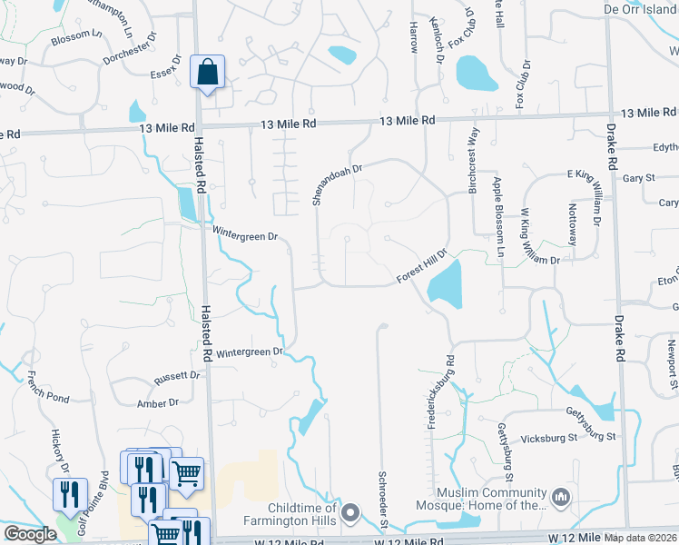 map of restaurants, bars, coffee shops, grocery stores, and more near 29107 Forest Hill Court in Farmington Hills