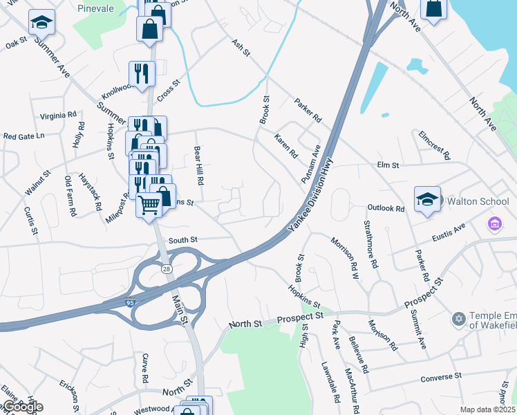 map of restaurants, bars, coffee shops, grocery stores, and more near 1 Summit Drive in Reading