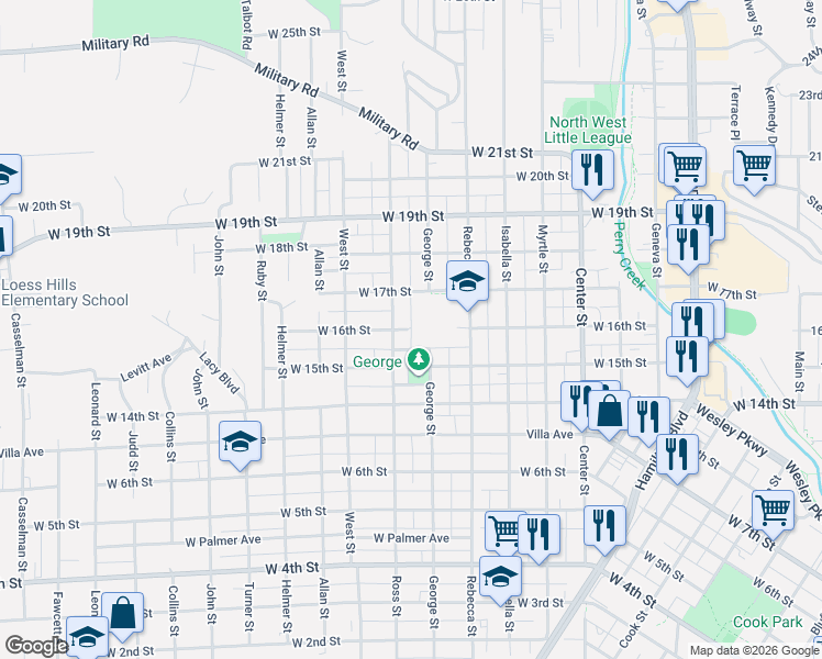 map of restaurants, bars, coffee shops, grocery stores, and more near 1552 West 16th Street in Sioux City