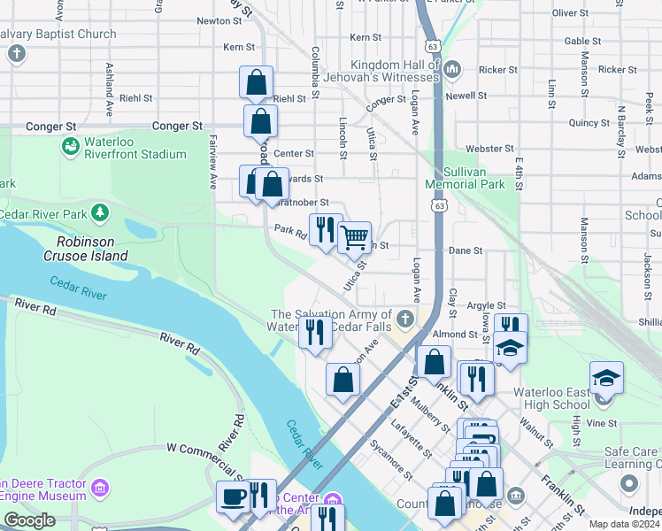 map of restaurants, bars, coffee shops, grocery stores, and more near 227-233 East Park Avenue in Waterloo