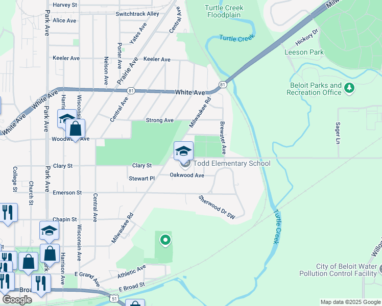map of restaurants, bars, coffee shops, grocery stores, and more near 1701 Colley Road in Beloit