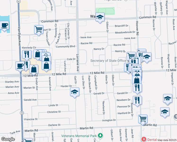 map of restaurants, bars, coffee shops, grocery stores, and more near 11081 Twelve Mile Road in Warren