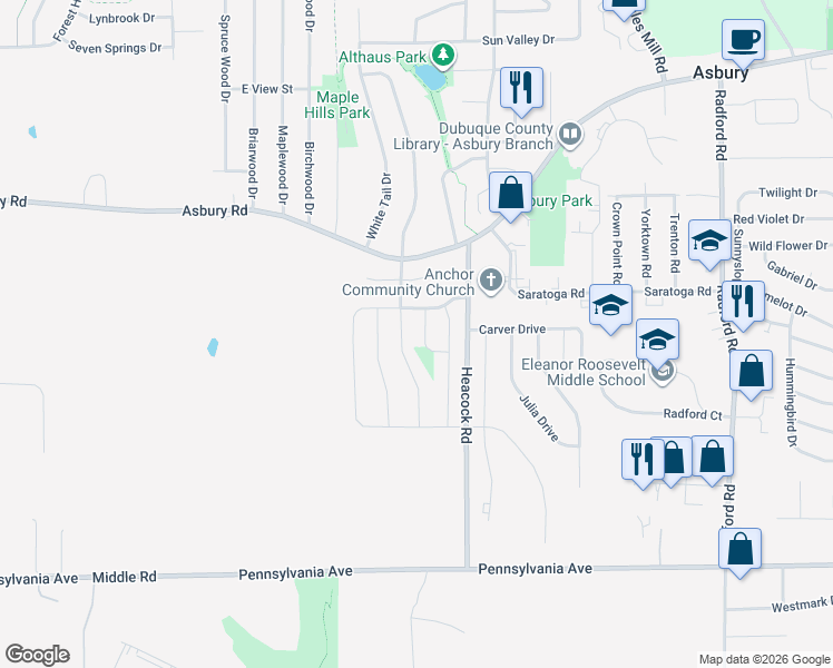 map of restaurants, bars, coffee shops, grocery stores, and more near 2267 Doe Run Drive in Asbury