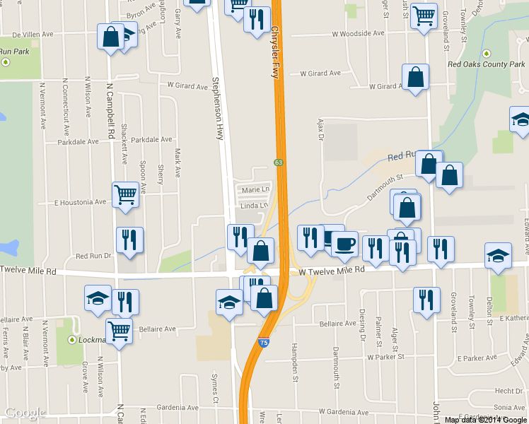 map of restaurants, bars, coffee shops, grocery stores, and more near 1020 Helen Court in Madison Heights