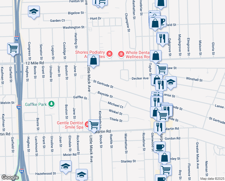 map of restaurants, bars, coffee shops, grocery stores, and more near 21010 Saint Gertrude Street in St. Clair Shores