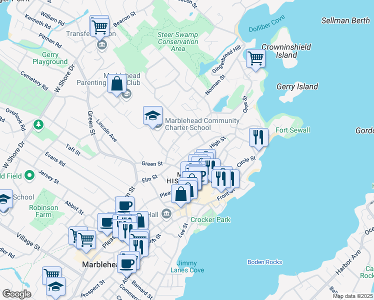 map of restaurants, bars, coffee shops, grocery stores, and more near 49-51 Elm Street in Marblehead