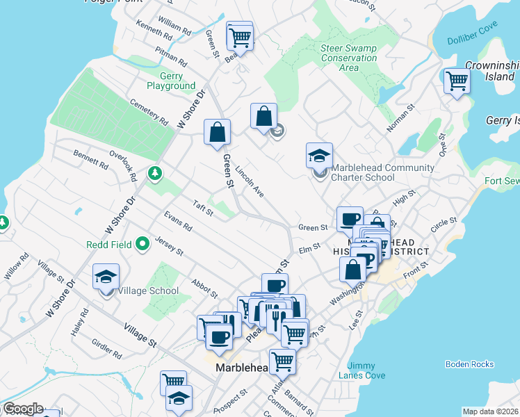 map of restaurants, bars, coffee shops, grocery stores, and more near 51 Green Street in Marblehead